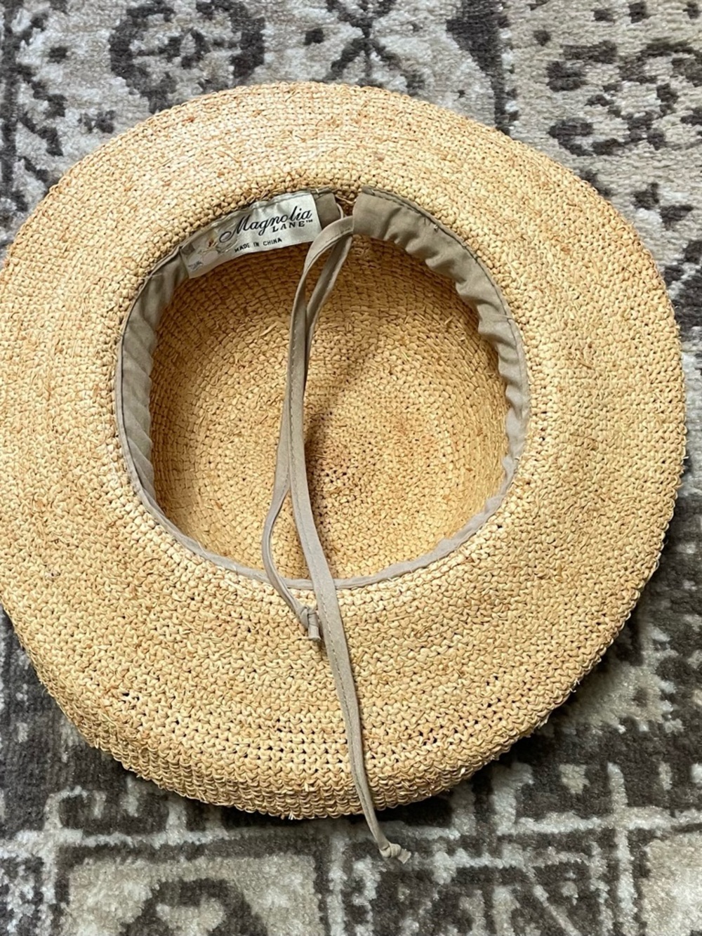 Magnolia Lane Tan Straw Hat with Olive Trim and Embroidered Floral Logo - Picture 6 of 8